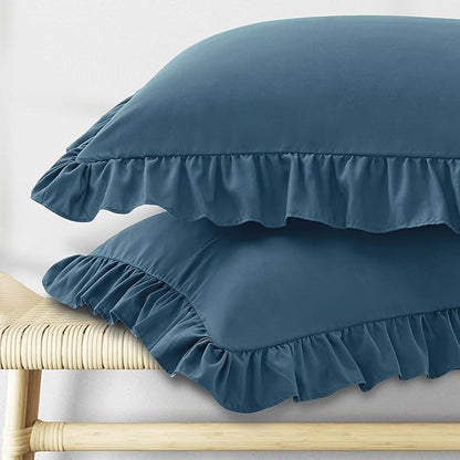 KKJIAF Ruffle Pillow Cases Queen Size Set of 2, Ruffled Pillow Covers with Envelope Closure, Wrinkle Resistant Ruffled Pillow Shams 20" x 30", Dark Blue