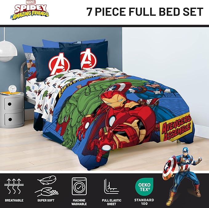 Jay Franco Kids Comforter Set Includes Sheets and Pillow Covers - Soft and Cozy Bed Set for Stylish Room Decor, Official Licensed Bedding, Blue - Avengers, 7 Piece Full