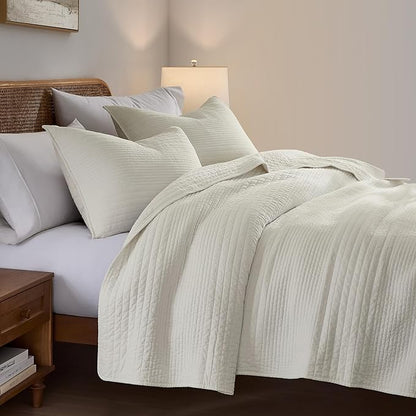 palassio Striped Beige 100% Cotton Quilt California Cal King Size Bedding Sets, Oversized Lightweight Channel Pick Stitch Textured Bedspread Soft Farmhouse Country Coverlet for All Season, 2 Shams
