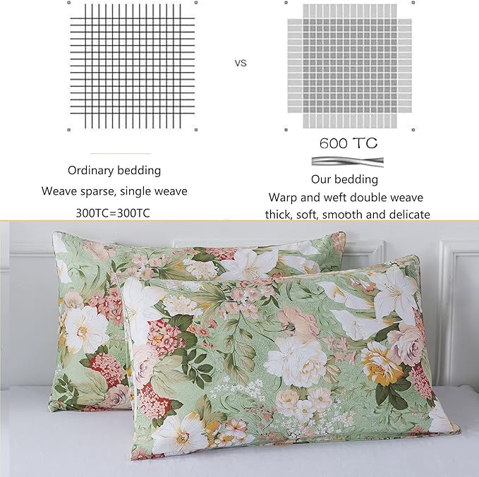 FADFAY Girls Floral Duvet Cover Set Twin 100% Cotton Bedding 600 TC Mint Green and White Flower Elegant Garden Lily Printed Comforter Cover Zipper Corner Ties Soft Bed Cover 3 Pcs
