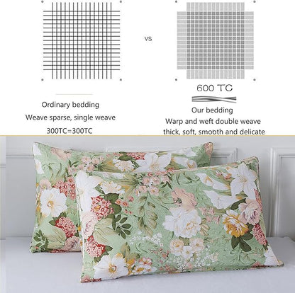FADFAY Floral Duvet Cover Set Full 100% Cotton Girls Bedding 600 TC Mint Green and White Flower Elegant Lily Printed Comforter Cover Zipper Corner Ties Soft Bed Cover 3 Pcs