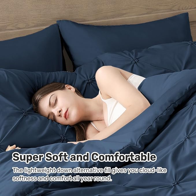 UNIKOME Queen Comforter Set Navy/Royal Blue - Ultra Soft Boho Pintuck Down Alternative Bedding Set for All Seasons, 3 Pieces Lightweight Warm Pinch Pleat Bed Set with Comforter, 2 Pillowcases
