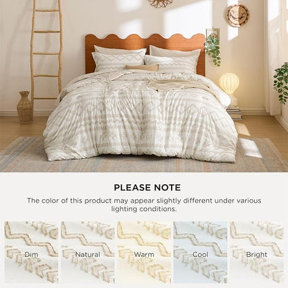 Bedsure Tufted Boho Comforter Set Queen Size - Beige Boho Bed Set, GentleSoft™ 3 Pieces Farmhouse Shabby Chic, Home Decor Bedding, Gifts for Woman, Soft Jacquard Queen Comforter for All Seasons