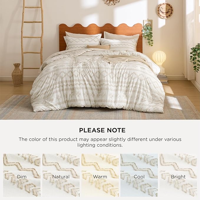 Bedsure Tufted Boho Comforter Set Queen Size - Beige Boho Bed Set, GentleSoft™ 3 Pieces Farmhouse Shabby Chic, Home Decor Bedding, Gifts for Woman, Soft Jacquard Queen Comforter for All Seasons
