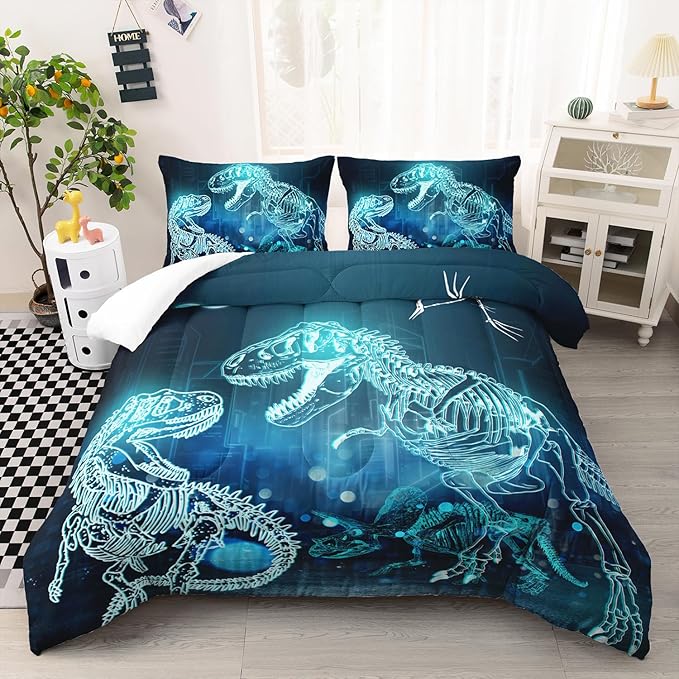 Dinosaur Comforter Set for Teens Boys Girls,Dino Eyes 3 Pieces Bedding Set Full,Dark Blue Lightweight Down Alternative Bedding Sets for All Season