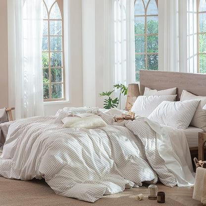 MooMee Striped Duvet Cover Set 100% Washed Cotton Linen Like Textured Breathable Durable Soft Comfy (White Orange Wide Stripes, King 104"x90")