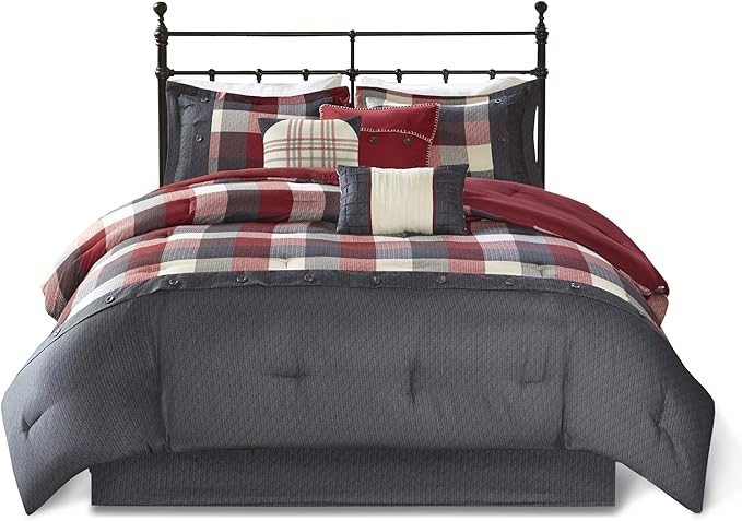 Madison Park Ridge Comforter Set - Cabin Lodge Plaid Herringbone Design, All Season Down Alternative Cozy Bedding with Matching Bedskirt, Shams, Decorative Pillow, Red King(104"x92") 7 Piece