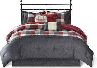 Madison Park Ridge Comforter Set - Cabin Lodge Plaid Herringbone Design, All Season Down Alternative Cozy Bedding with Matching Bedskirt, Shams, Decorative Pillow, Red Queen(90"x90") 7 Piece