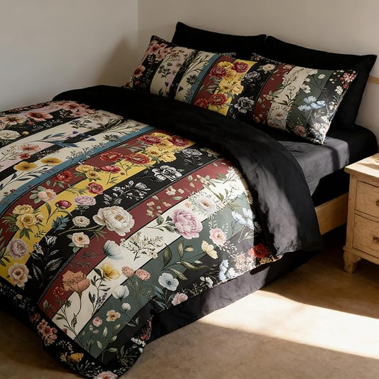 Vintage Floral Twin Size Bed in A Bag for Girls, 7Pcs Stripe Patchwork Comforter Set for Farmhouse Country Bedroom Decor, Black Botanical Quilted Bedding with 2 Pillowcases, 68"x86"