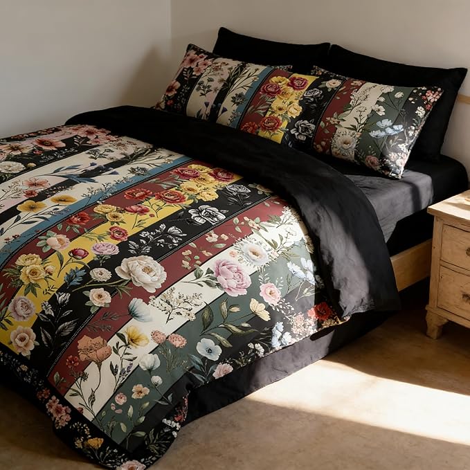 Black Vintage Floral Bedding Set King Size Women Farmhouse Country Black Botanical Comforter Set 3Pcs Microfiber Lightweight Comforter with 2 Pillowcases, 104"x90"