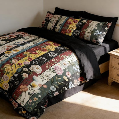 Black Vintage Floral Bedding Set King Size Women Farmhouse Country Black Botanical Comforter Set 3Pcs Microfiber Lightweight Comforter with 2 Pillowcases, 104"x90"