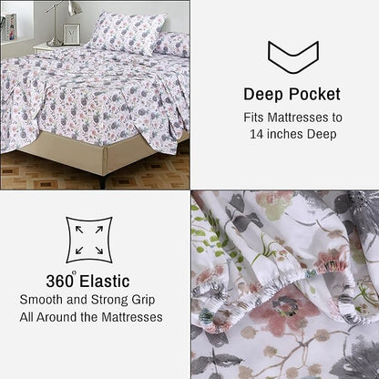 RUVANTI 100% Cotton Sheets – California King Percale Bedding, Cooling & Breathable Floral Design, Durable with a Crisp, Soft & Comfortable Feel, 14" Deep Pocket, 4-Piece Set, Dandelion Field