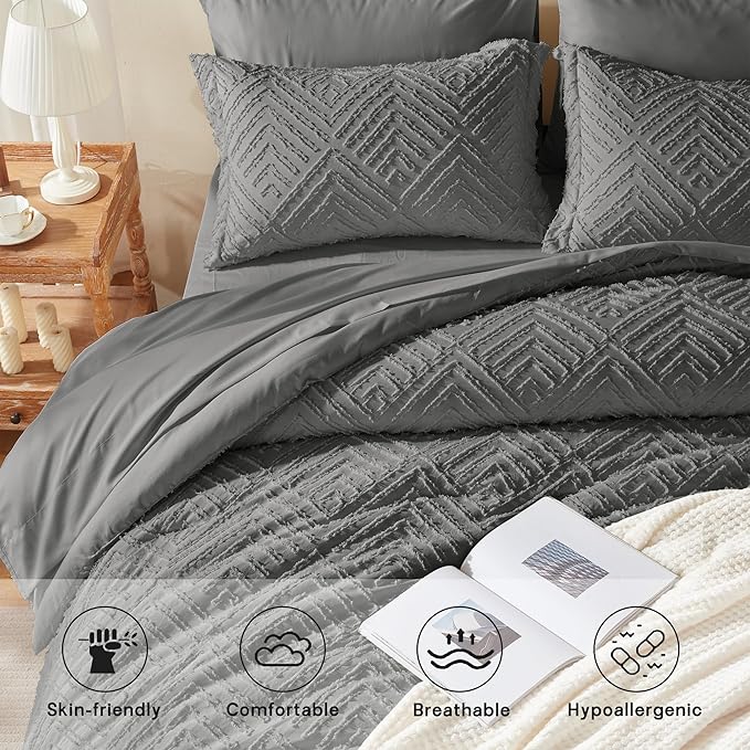 Zzlpp Queen Comforter Set 7 Pieces, Dark Grey Tufted Bed in a Bag with Comforter and Sheets,All Season Boho Bedding Sets with Comforter, 2 Pillow Shams, 2 Pillowcases, 1 Flat Sheet, 1 Fitted Sheet