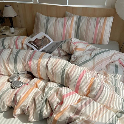 EAVD Retro Striped Duvet Cover Full Soft 100% Washed Cotton 3-Piece Vintage Multicolor Striped Pattern Bedding Set with 2 Pillowcases Reversible Geometric Pattern Duvet Cover with Zipper Closure