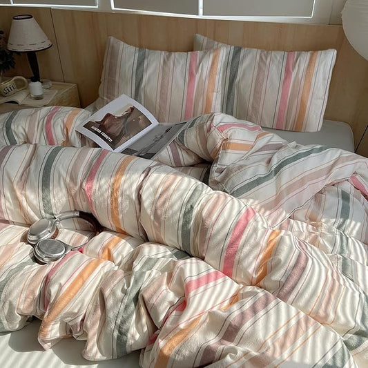 EAVD Vintage Style Striped Comforter Set Full Soft 100% Washed Cotton 3-Piece Colorful Vertical Striped Bedding Comforter Set with 2 Pillowcases Retro Multicolor Geometric Bedding Set for All-Season