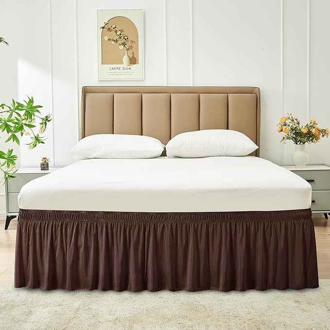 Biscaynebay Wrap Around Bed Skirts for Queen Beds 11" Short Drop, Brown Adjustable Elastic Dust Ruffles Easy Fit Wrinkle Resistant Silky Luxurious Fabric Machine Washable