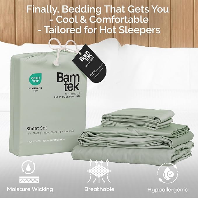 Viscose Bamboo Twin XL Sheets 3PC Set - Extra Long - Cooling Bedding for Hot Sleepers with Moisture Wicking Technology - Silky Soft 16 Inch Deep Pocket, Sage - 38" x 80"