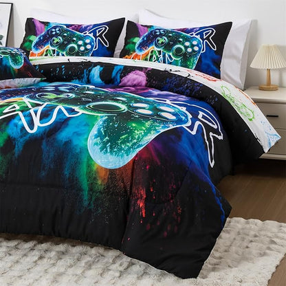 Aimuan Gamer Gaming Bedding Sets 3D Gamepad Comforter Sets for Boys Games Console Action Buttons Novelty Colorful Game Controller Modern Room Decor Home Quilt Set (Black-Green, Twin 6Pcs)