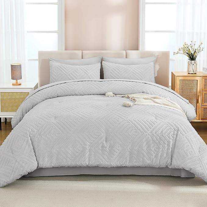 Andency Light Grey Comforter King Size Set with Sheets - 7 Pieces Boho Bed in a Bag Tufted Bedding Sets Lightweight All Season Bed Set with Comforter, Sheets, Pillowcases & Shams