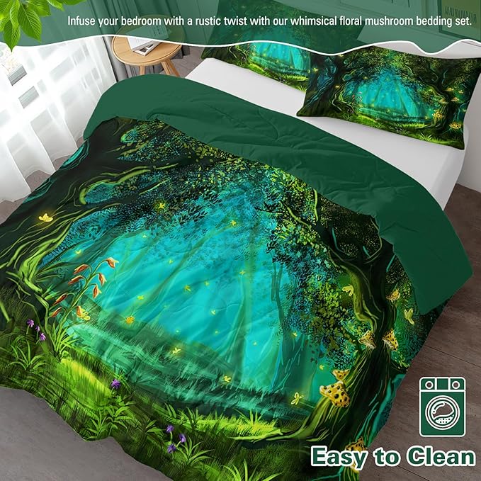 SOULZZZ Botanical Forest Comforter Set Twin Size Premium Microfiber Green Mushroom Butterfly Flower Pattern Comforter 3 Piece Aesthetic Forest Themed Quilts Beddin Set with 2 Pillow Shams
