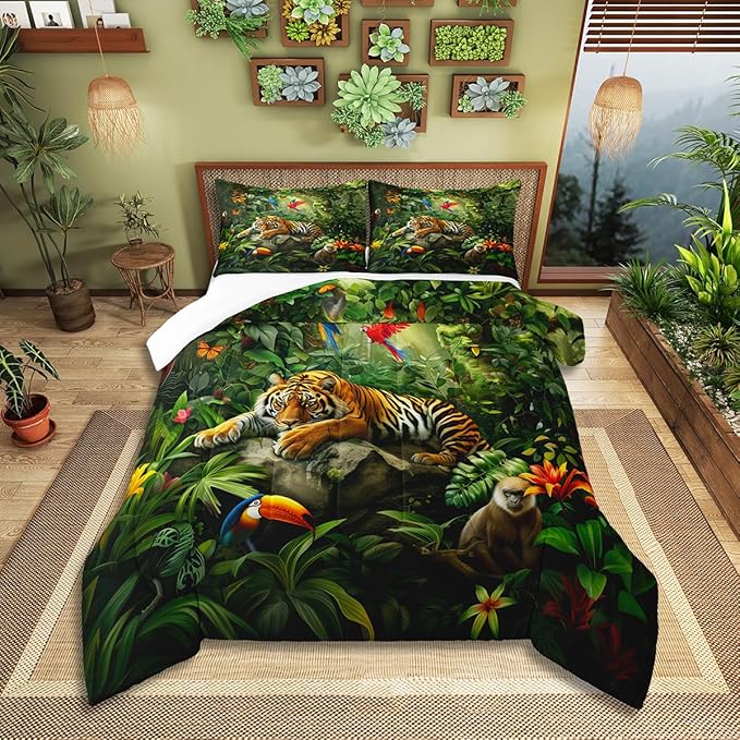 3D Tiger Comforter Set King Size,Monkey Parrot Wild Animals Bedding Set,Tropical Palm Tree Jungle Quilt Set for Kids Boys Girls Adult Bedroom Decor,Nature Wildlife Theme Duvet Insert,2 Pillowcases