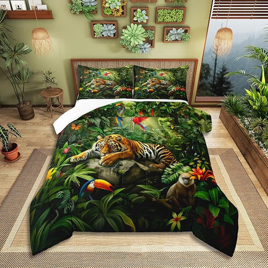 3D Tiger Comforter Set King Size,Monkey Parrot Wild Animals Bedding Set,Tropical Palm Tree Jungle Quilt Set for Kids Boys Girls Adult Bedroom Decor,Nature Wildlife Theme Duvet Insert,2 Pillowcases