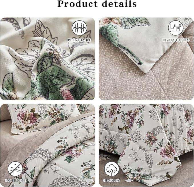 7 Pieces Bed in a Bag King Comforter Set with Sheets, Beige Floral Design, Soft Microfiber Bedding Sets for All Season (1 Comforter, 2 Pillow Shams, 1 Flat Sheet, 1 Fitted Sheet, 2 Pillowcases)