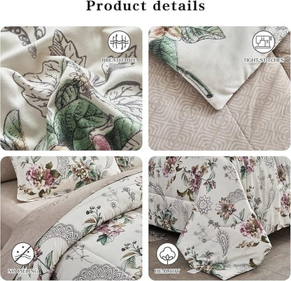 7 Pieces Bed in a Bag King Comforter Set with Sheets, Beige Floral Design, Soft Microfiber Bedding Sets for All Season (1 Comforter, 2 Pillow Shams, 1 Flat Sheet, 1 Fitted Sheet, 2 Pillowcases)
