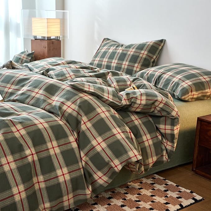 EAVD Vintage Green Buffalo Plaid Comforter Set Twin XL Soft 100% Washed Cotton Retro Green&Red Grid Checkered Bedding Set with 2 Pillowcases Farmhouse Gingham Comforter Set for All-Season