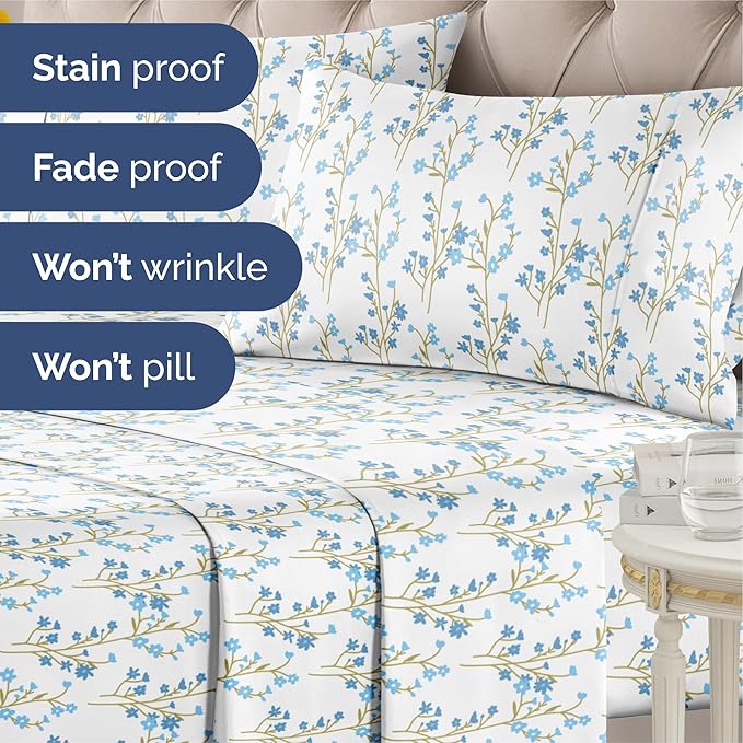 Floral Sheets - Blue Floral Bed Sheet Set - 1 Flat, 1 Fitted & 2 Pillowcases w/ Deep Pockets - Comfy, Wrinkle & Fade Free - Boho Botanical Bedding - Soft, Breathable and Cooling - Cal King Size Set