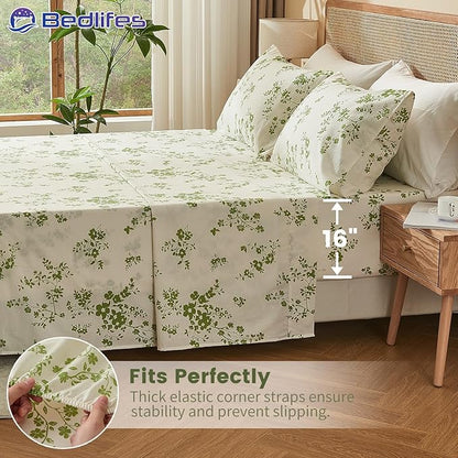 Bedlifes 100% French Linen Sheets King Size – Floral Printed, Botanical Pattern Breathable Cooling Sheet Set, 16" Deep Pocket, 4-Piece (King, Floral Green)