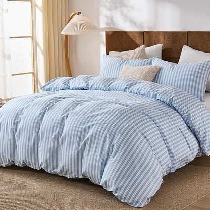 Merryword Blue and White Striped Duvet Cover Set Queen Size, 100% Cotton Linen Like Textured Bedding with Classic Vertical Stripes, Soft Lightweight Reversible Comforter Cover for All Seasons
