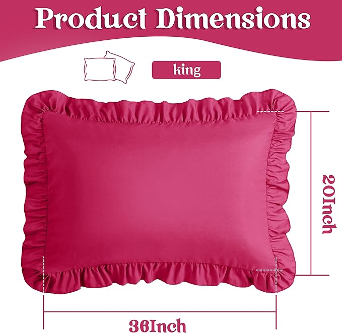 KKJIAF Ruffle Pillow Cases King Size Set of 2, Ruffled Pillow Covers with Envelope Closure, Wrinkle Resistant Ruffled Pillow Shams 20" x 36", Hot Pink