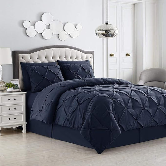 Comforter Set 8 Piece Bed in a Bag Design, Bed Sheets, 2 Pillowcases, & 2 Shams Down Alternative All Season Warmth, King, Pintuck Navy, (Pack of 3)