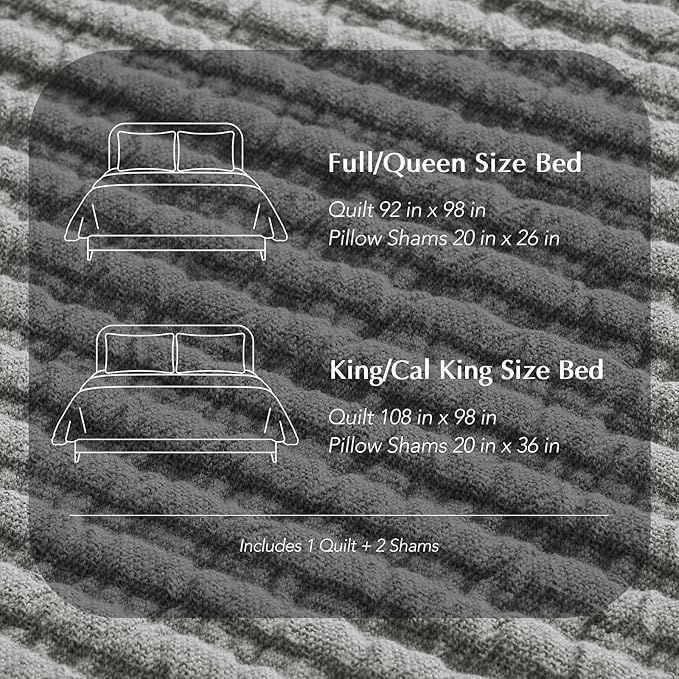 EVERGRACEHOME Cotton Coverlet Set King Size 3 Pieces, Lightweight Soft Ribbed Matelassé Bedspread Quilt Set, Cozy Oversized Quilted Bedding Set with 2 Pillow Shams for All Seasons, Fog Gray