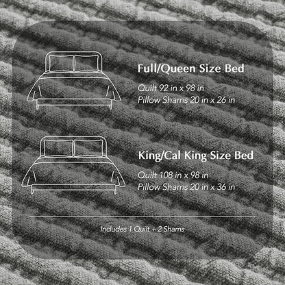 EVERGRACEHOME Cotton Coverlet Set King Size 3 Pieces, Lightweight Soft Ribbed Matelassé Bedspread Quilt Set, Cozy Oversized Quilted Bedding Set with 2 Pillow Shams for All Seasons, Fog Gray