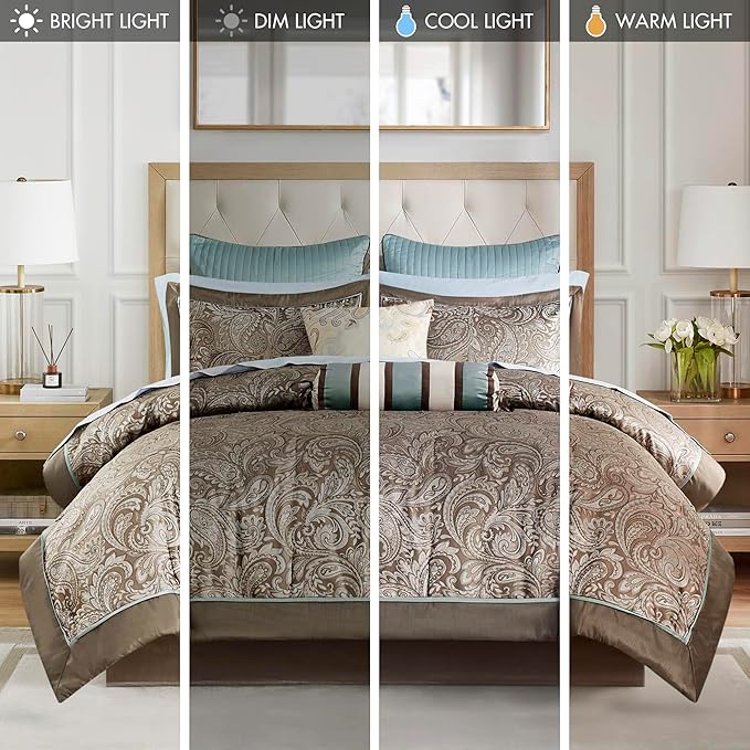Madison Park Aubrey Cozy Comforter Set, Faux Silk Jacquard Paisley Design - All Season Down Alternative Bedding with Cotton Bed Sheets, Bed Skirt & Toss Pillows, California King Blue 12 Piece