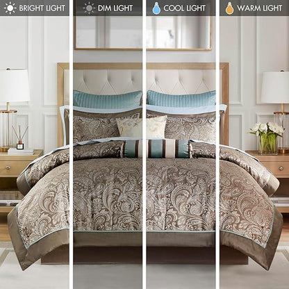 Madison Park Aubrey Cozy Comforter Set, Faux Silk Jacquard Paisley Design - All Season Down Alternative Bedding with Cotton Bed Sheets, Bed Skirt & Toss Pillows, California King Blue 12 Piece