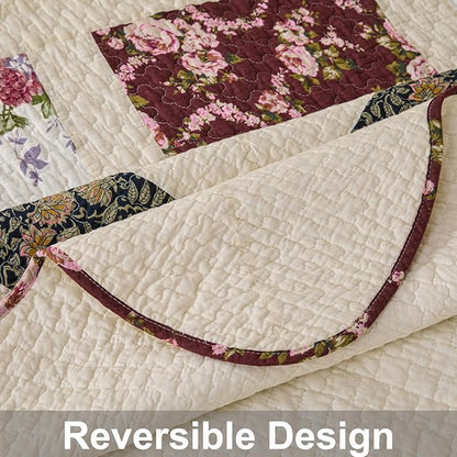 Cmfshape Floral Quilt Sets Bedspread Set 100% Cotton Patchwork Bedding Set,All Season Use Lightweight Reversible Coverlet Quilts with 2 Pillow Shams(Queen 92"x96")