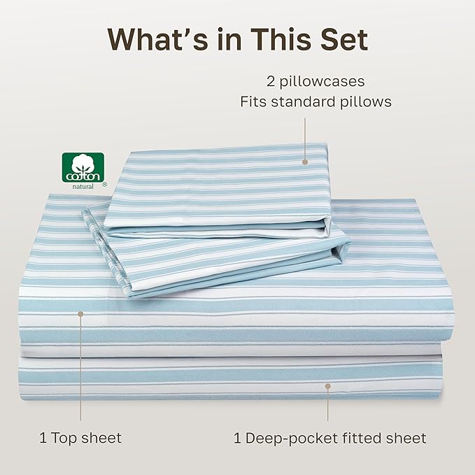 California Design Den Queen Sheet Set - 400 Thread Count Sateen, Natural 100% Cotton Bed Sheets Queen Size, Deep Pocket and Durable Bedding - Cape Stripe