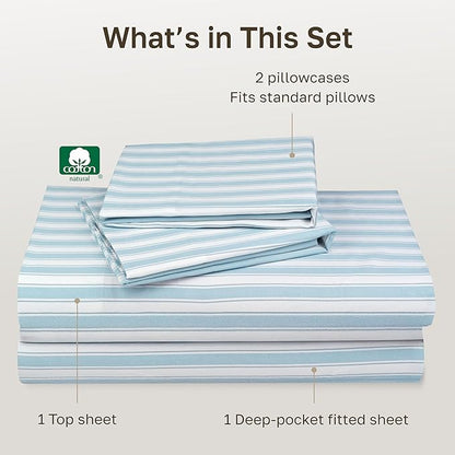 California Design Den Queen Sheet Set - 400 Thread Count Sateen, Natural 100% Cotton Bed Sheets Queen Size, Deep Pocket and Durable Bedding - Cape Stripe