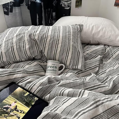 MKXI Queen Size Charcoal Grey & White Striped Duvet Cover Set - 3 Piece Modern Washed Cotton Bedding, Soft Breathable Comforter Cover with Zipper Closure & Corner Ties, Minimalist Geometric Design