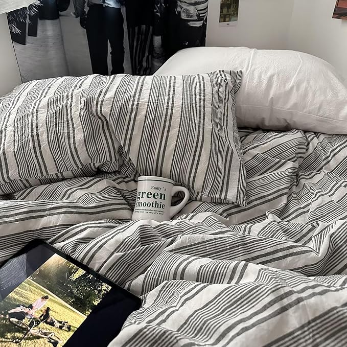 MKXI Twin Size Charcoal Grey & White Striped Duvet Cover Set - 3 Piece Modern Washed Cotton Bedding, Soft Breathable Comforter Cover with Zipper Closure & Corner Ties, Minimalist Geometric Design