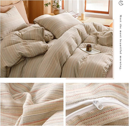 VM VOUGEMARKET Brown Tan Duvet Cover King Striped Pattern Yarn Dyed Muslin Cotton Duvet Cover with Embroidered Edge Super Soft Cozy Bedding Set for Men Women,King Size