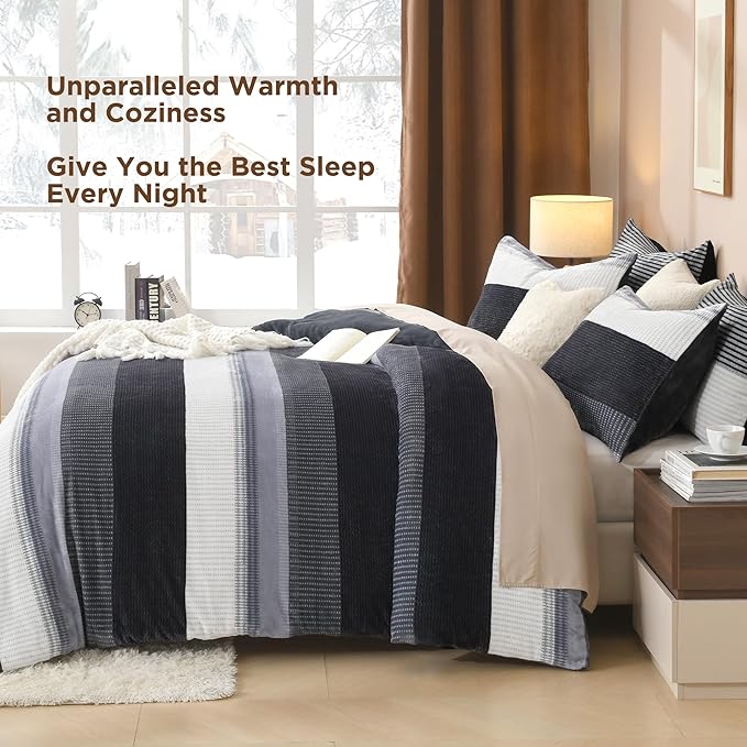 Litanika Fluffy Fleece Twin Comforter Set, Luxury Soft Plush Fuzzy Dark Grey Stripe Bedding Comforter Sets, Warm Shaggy Faux Fur Bed Set All Season (1 Comforter, 1 Pillowcase)