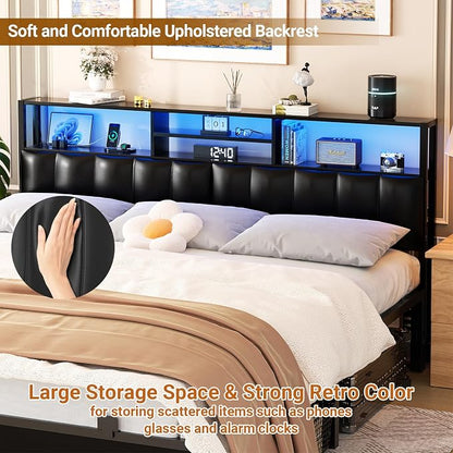 Aheaplus Headboard for King Size Bed with Storage, Upholstered Headboards with Outlets, USB Ports and LED Light, Reversible King Size Head Board, Height Adjustable, Comfortable Headboard, Black