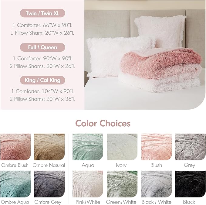 Intelligent Design Brielle, Long Shaggy Faux Fur Comforter Set, Plush Reverse, Trendy Ombre Design, Modern, Cozy All Season Bedding, Matching Sham, Full/Queen(90"x90") Blush 3 Piece