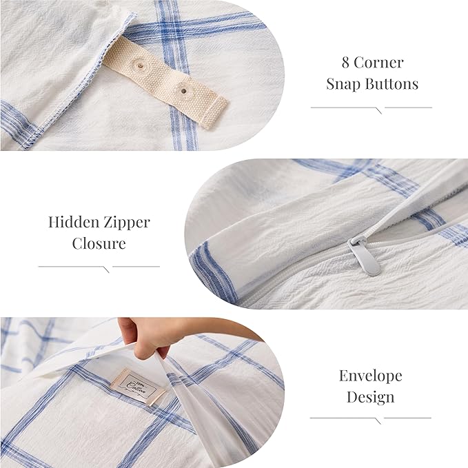 Blue Plaid Duvet Cover Queen Size, 100% Soft Washed Cotton Queen Duvet Cover Set 3 Pieces with Zipper Clousre & Corner Buttons (White/Blue Plaid, Queen 90 x 90)