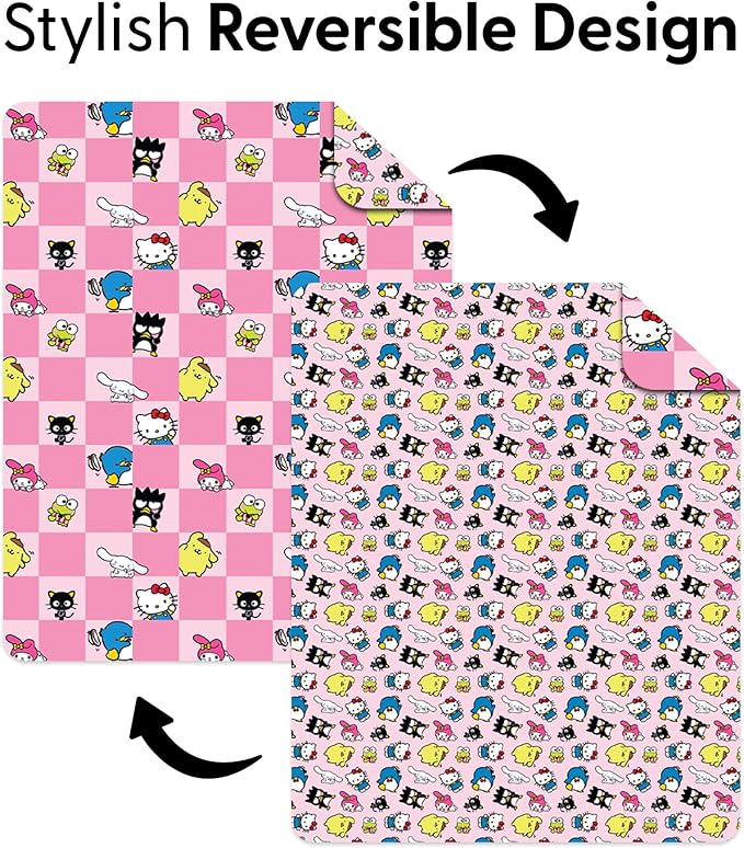 Northwest Hello Kitty & Friends Reversible Quilted Throw, Kawaii Checkered Pattern, Comfy Throw, for Anime Fans, Game Room, Chair or Couch, 60 x 80 Inches