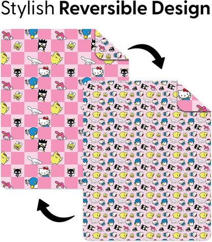 Northwest Hello Kitty & Friends Reversible Quilted Throw, Kawaii Checkered Pattern, Comfy Throw, for Anime Fans, Game Room, Chair or Couch, 60 x 80 Inches